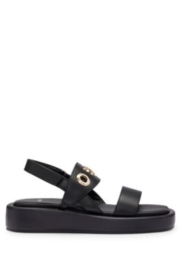 Leather sandals with eyelet details, Black