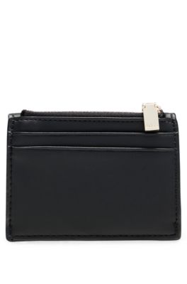 Faux-leather card holder with zipped coin pocket, Black