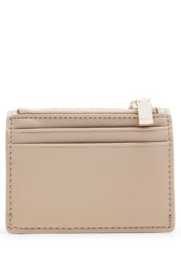 Faux-leather card holder with zipped coin pocket, Beige