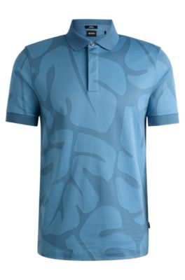 Slim-fit polo shirt in monstera-leaf cotton, Light Blue