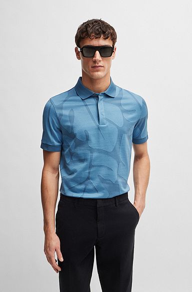 Slim-fit polo shirt in monstera-leaf cotton, Light Blue