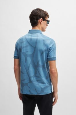 Polo slim fit de algod&oacute;n con hojas de monstera, Celeste