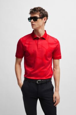 Polo slim fit de algod&oacute;n con hojas de monstera, Rojo
