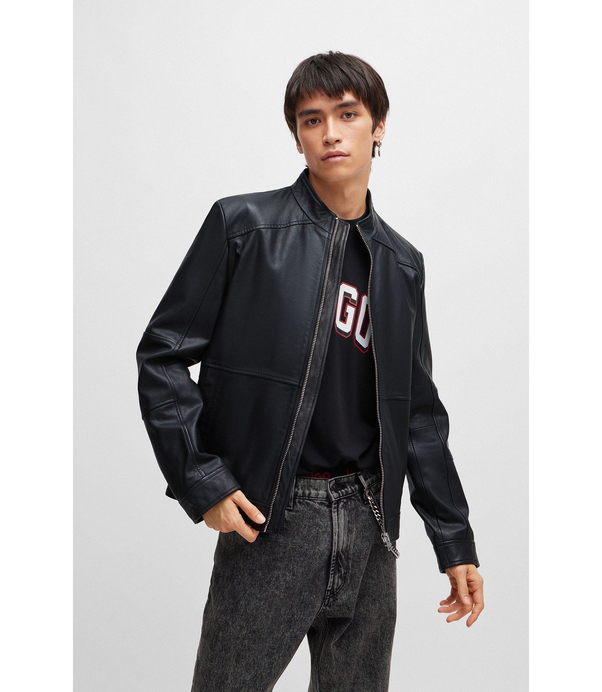 HUGO - Extra-slim-fit leather jacket with red lining - Black HUGO - Extra-slim-fit leather jacket with red lining - Black