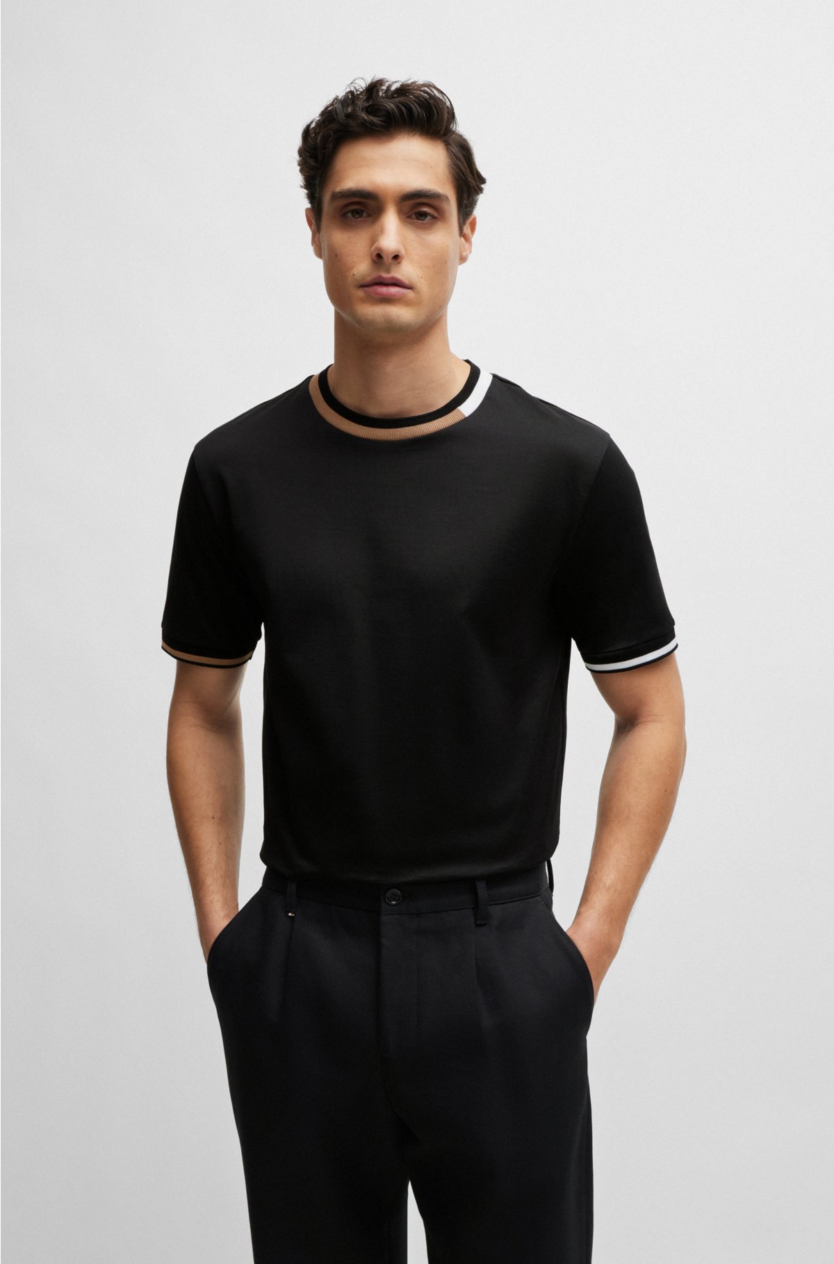 BOSS - Mercerized-cotton T-shirt with signature-stripe details
