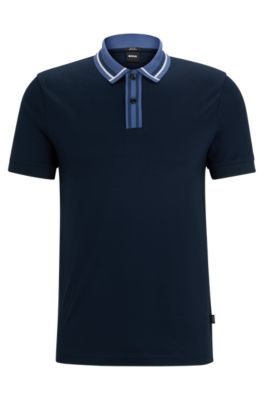 Hugo Boss Mercerized-cotton Slim-fit Polo Shirt With Contrast Stripes In Dark Blue
