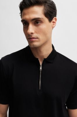 BOSS - Mercerized-cotton slim-fit polo shirt with zip neck 