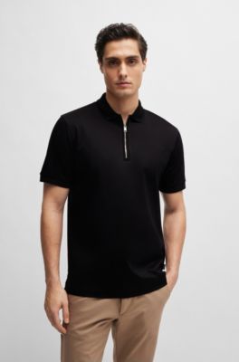 BOSS - Mercerized-cotton slim-fit polo shirt with zip neck 