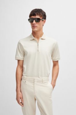 BOSS - Mercerized-cotton slim-fit polo shirt with zip neck