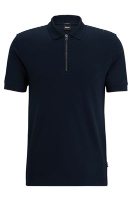 BOSS Mercerized cotton slim fit polo shirt with zip neck Dark Blue