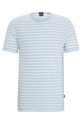Shop Hugo Boss Horizontal-stripe T-shirt In Cotton And Linen In Light Blue