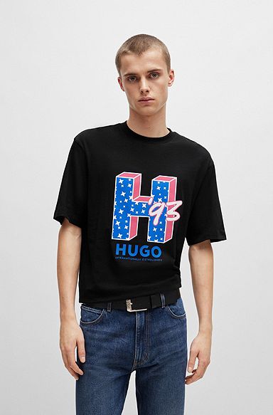 Camiseta regular fit de punto de algodón con ilustración de logo, Negro