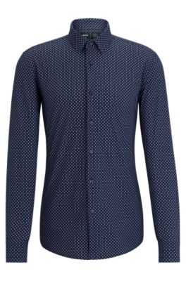Camisa slim fit en material t&eacute;cnico el&aacute;stico estampado, Azul oscuro