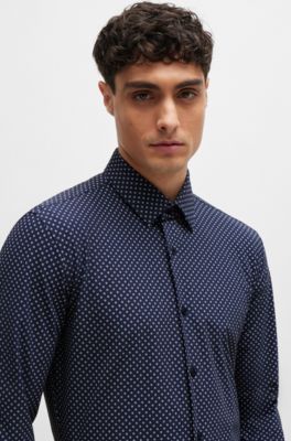 Camisa slim fit en material t&eacute;cnico el&aacute;stico estampado, Azul oscuro