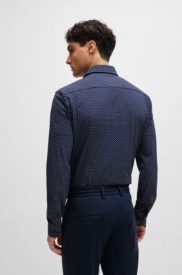 Camisa slim fit en material t&eacute;cnico el&aacute;stico estampado, Azul oscuro