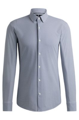 Camisa slim fit en material t&eacute;cnico el&aacute;stico estampado, Azul