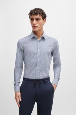 Camisa slim fit en material t&eacute;cnico el&aacute;stico estampado, Azul