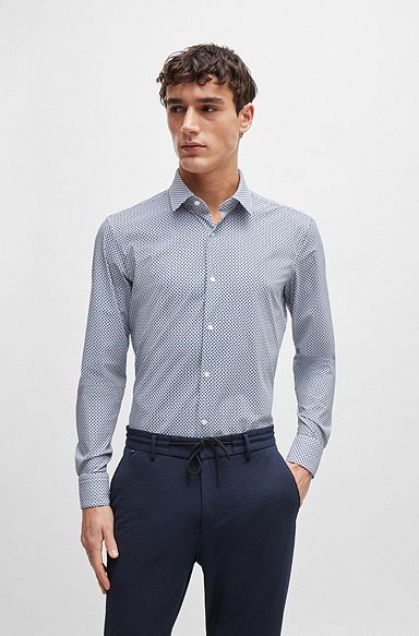 Slim-fit shirt in printed performance-stretch material, Blue
