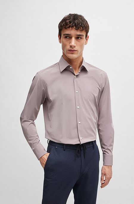 Regular-fit shirt in structured performance-stretch material, Light Brown