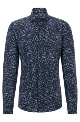 Hugo Boss Slim-fit Shirt In Printed Performance-stretch Fabric In Dark Blue