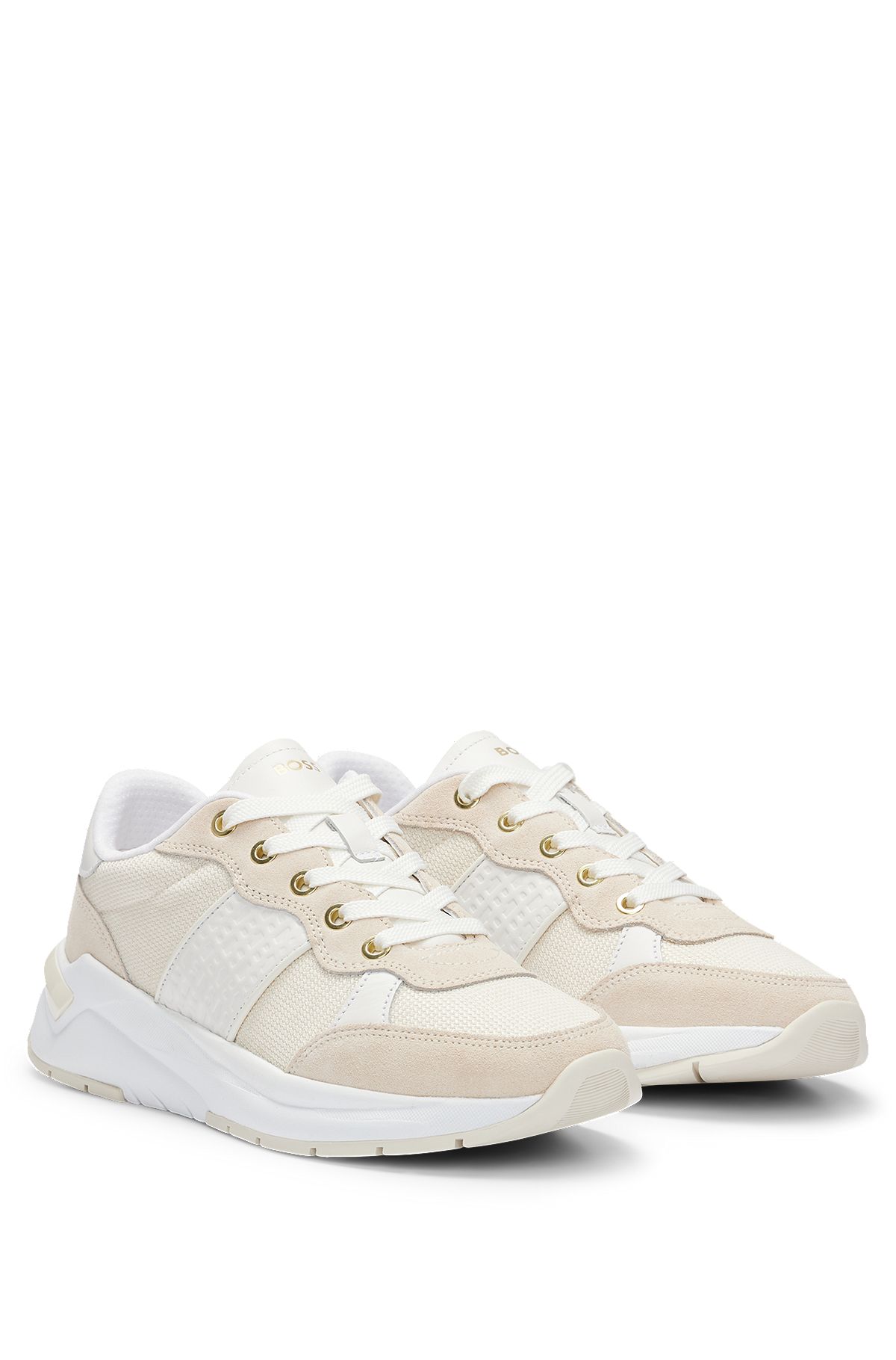 Mixed-material trainers with leather trims, White