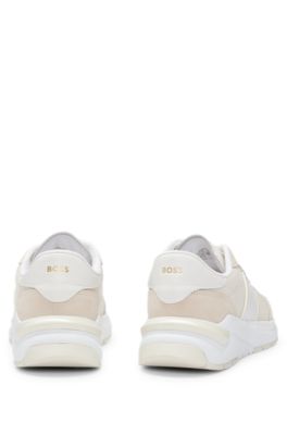 Mixed-material trainers with leather trims, White