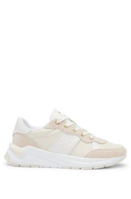 Mixed-material trainers with leather trims, White
