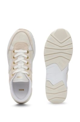 Mixed-material trainers with leather trims, White