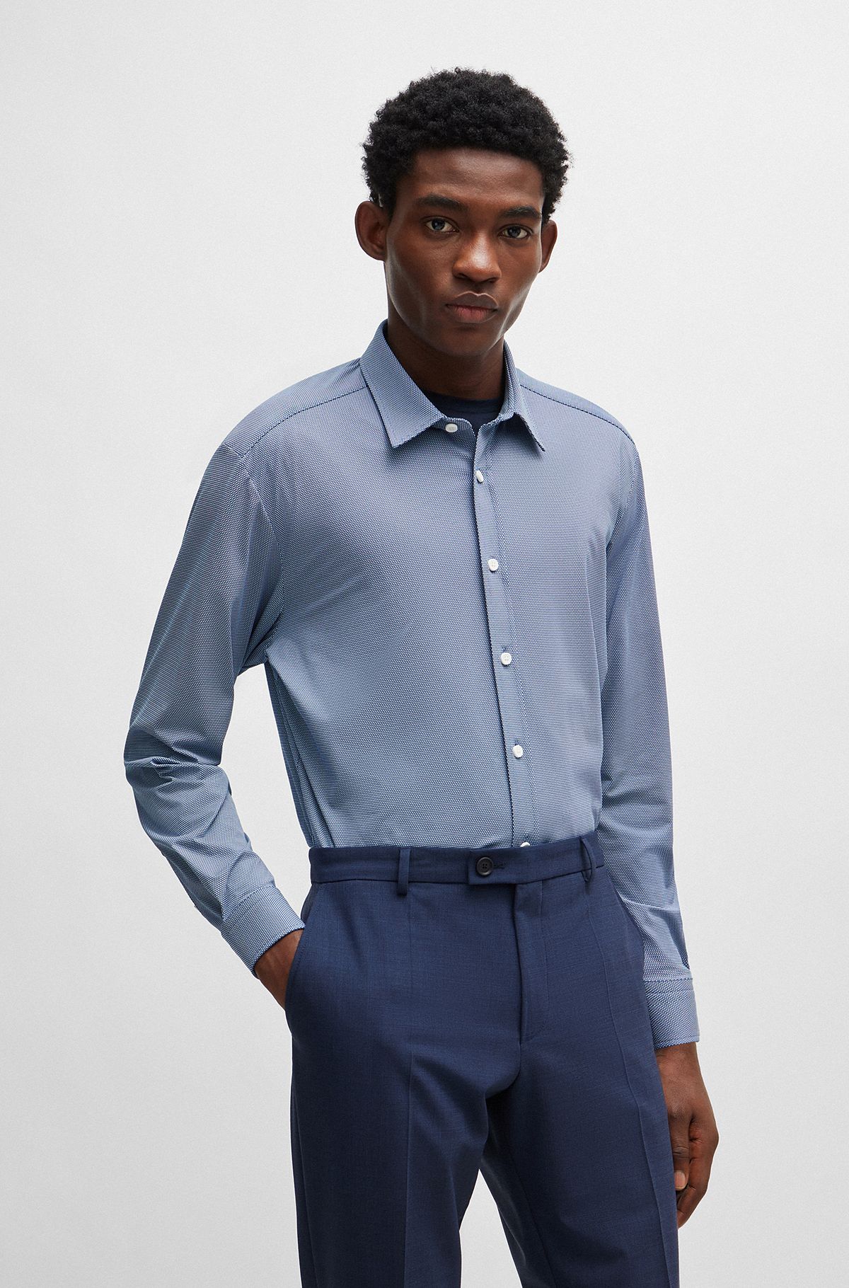 Regular-fit shirt in patterned performance-stretch material, Blue