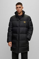 Water-repellent down coat with logo detail, Black