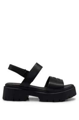 Leather sandals with stacked logo, Black