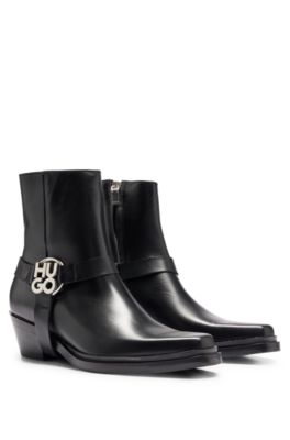 Hugo Ankle Boots In Leather With Metallic Stacked-logo Trim In Black