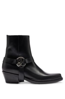 Ankle boots in leather with metallic stacked-logo trim, Black