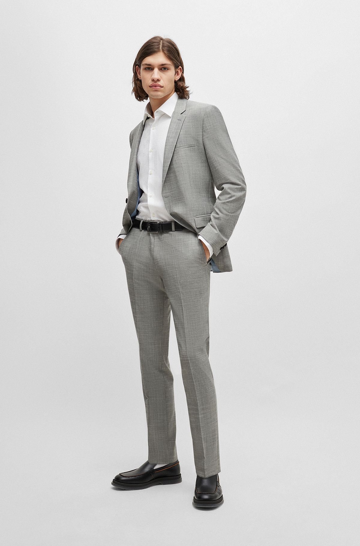 Extra-slim-fit suit in patterned linen-look material, Light Grey