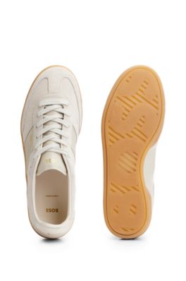 Suede trainers with embossed gold-tone logo, Light Grey