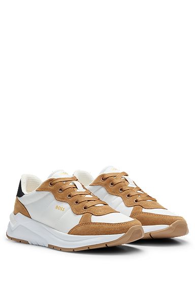 Mixed-material trainers with suede and leather, Light Brown