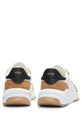 Baskets en m&eacute;lange de mati&egrave;res avec cuir su&eacute;d&eacute; et cuir, Brun chin&eacute;