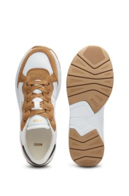 Baskets en m&eacute;lange de mati&egrave;res avec cuir su&eacute;d&eacute; et cuir, Brun chin&eacute;