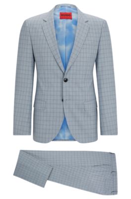 Hugo Boss Slim-fit Suit In Checked Performance-stretch Material In Light Blue