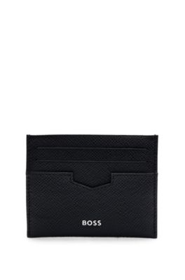 Hugo Boss Embossed-leather Card Holder With Metal Logo Lettering In Black