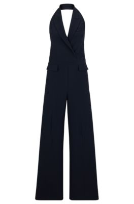 Hugo Boss Halterneck Jumpsuit With Peak Lapels In Dark Blue