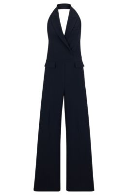 Shop Hugo Boss Halterneck Jumpsuit With Peak Lapels In Dark Blue