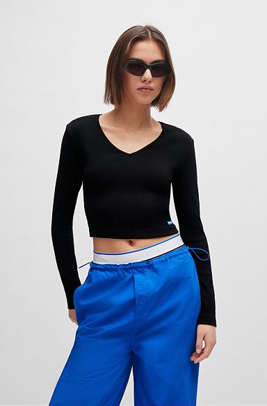 Stretch-cotton top with blue logo label, Black