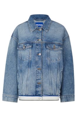 Hugo Oversize-fit Denim Jacket With Logo-tape Hem In Turquoise