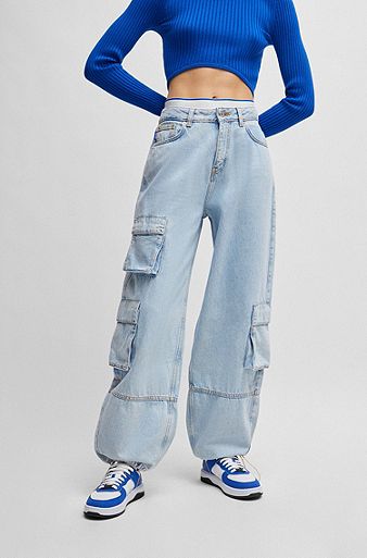 Loose-fit cargo jeans in aqua cotton denim, Turquoise