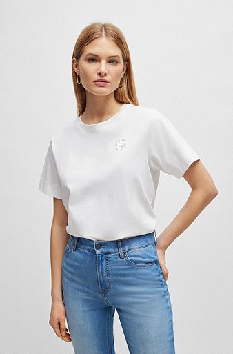 Mercerized-cotton top with double-monogram embroidery, White
