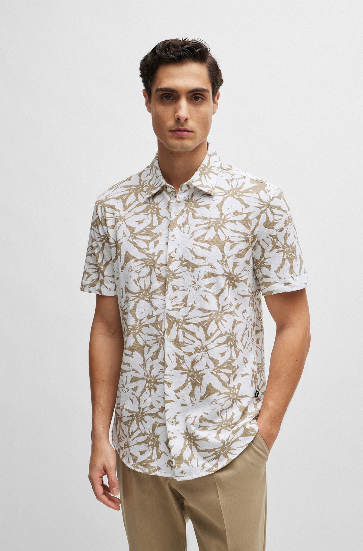 Slim-fit shirt in printed cotton jersey, White