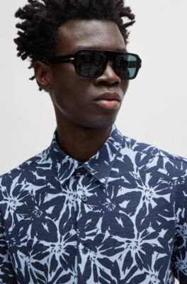 Slim-fit shirt in printed cotton jersey, Dark Blue