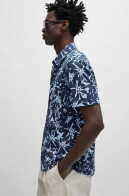 Slim-fit shirt in printed cotton jersey, Dark Blue