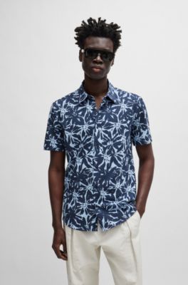 Slim-fit shirt in printed cotton jersey, Dark Blue